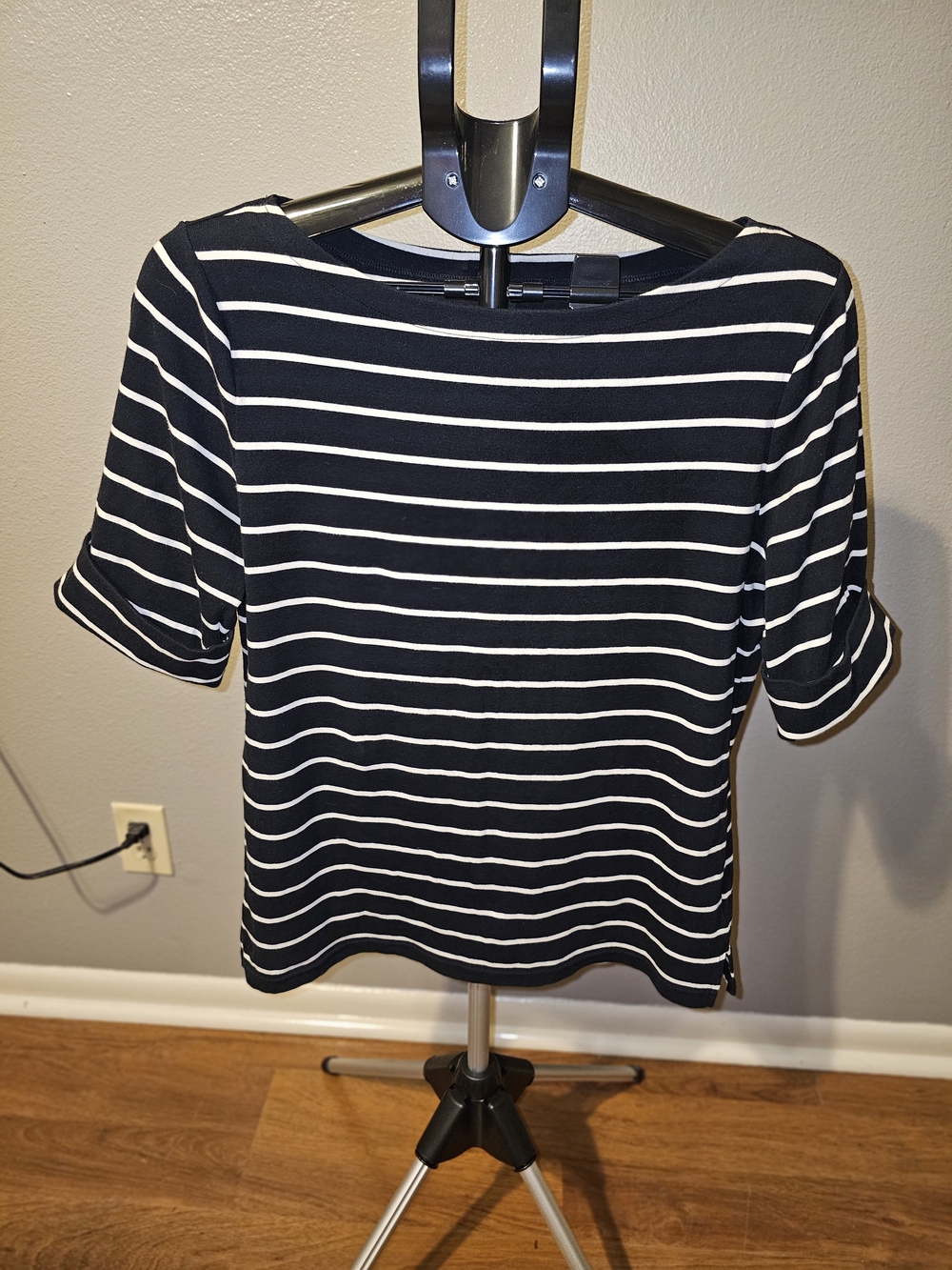 Lauren Ralph Lauren Navy & White Striped Boatneck Short Sleeve Top